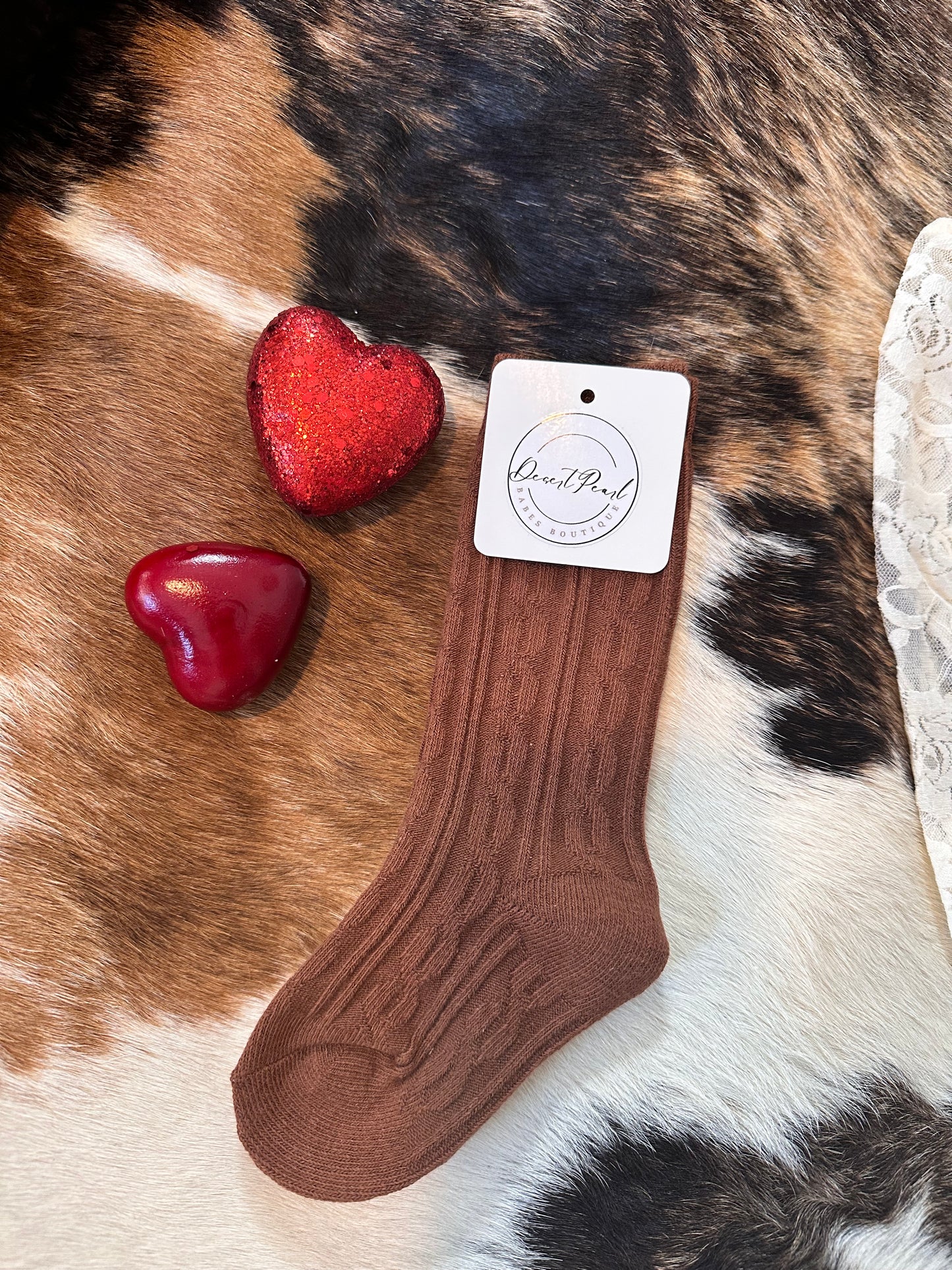 Camel Knee High Cable Knit Socks